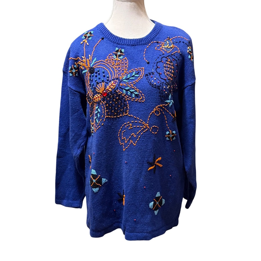 Vintage Western Connection Beaded Floral Embellished Blue Knit Sweater‎